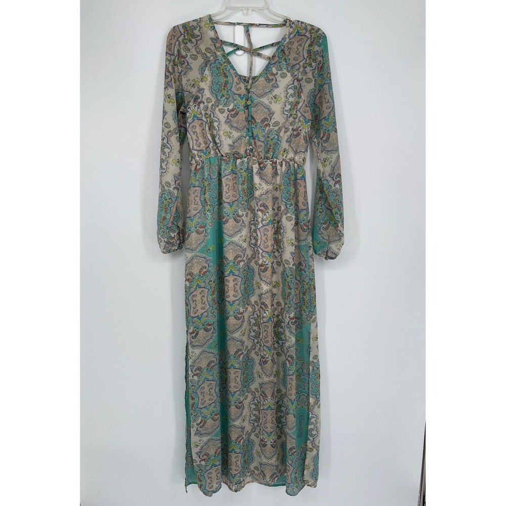 Boohoo Women's Green Paisley Chiffon Long Sleeve Tanya Cage Maxi Dress‎ Size 6